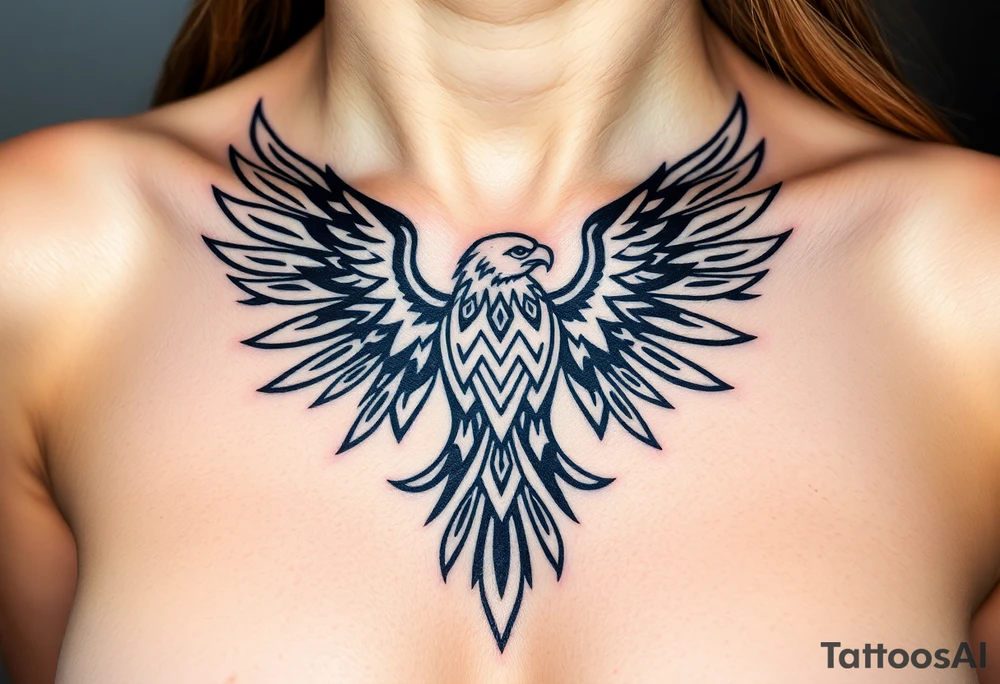A tribal eagle in black ink with geometric patterns, seamlessly blending traditional and modern tattoo styles tattoo idea