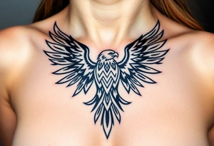 A tribal eagle in black ink with geometric patterns, seamlessly blending traditional and modern tattoo styles tattoo idea