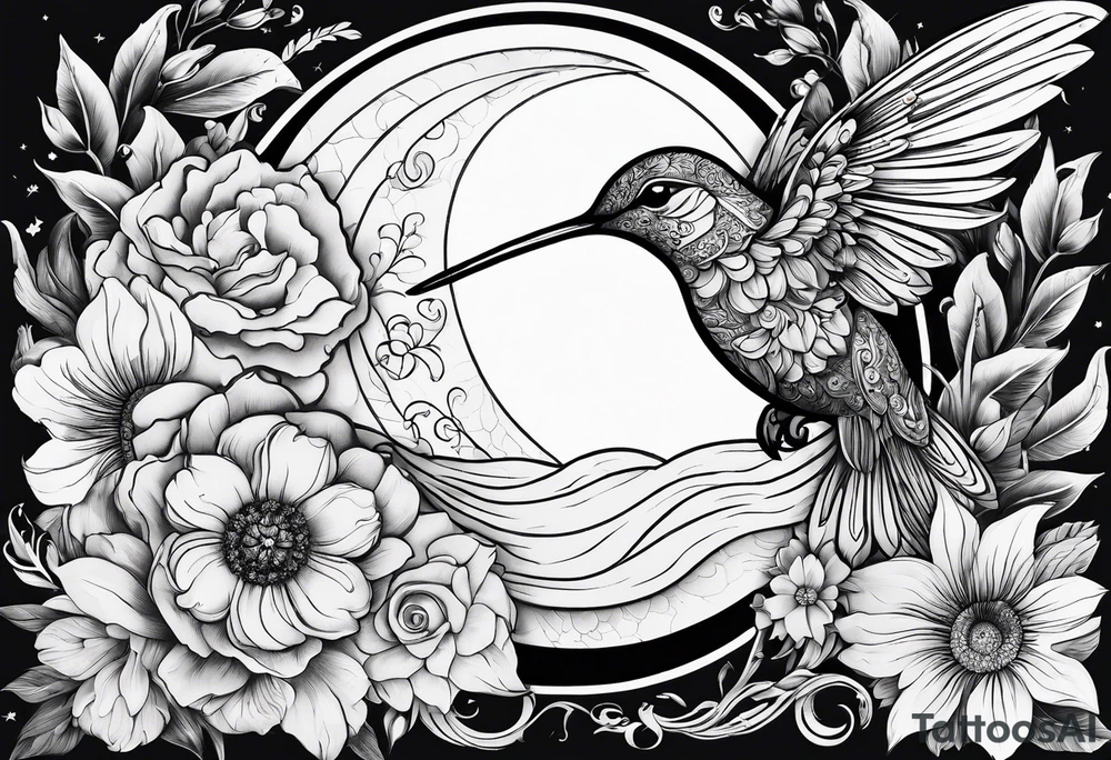 Floral sun and moon with hummingbird tattoo idea