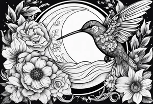 Floral sun and moon with hummingbird tattoo idea