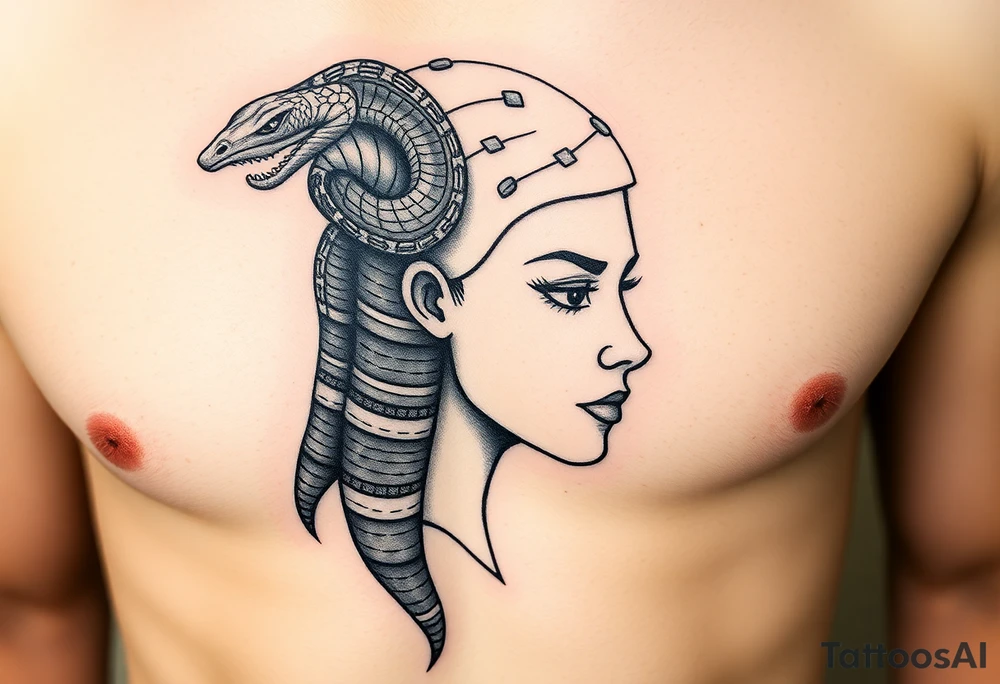 Una reinterpretación del diseño anterior pero al estilo egipcio:

Rostro femenino inspirado en el arte del antiguo Egipto (perfil fino, ojos delineados).

Cabello hecho de cobras negras (como Uadyets, las serpientes sagradas).

Parte del rostro convertido en piedra arenosa, como una estatua rota del desierto. tattoo idea