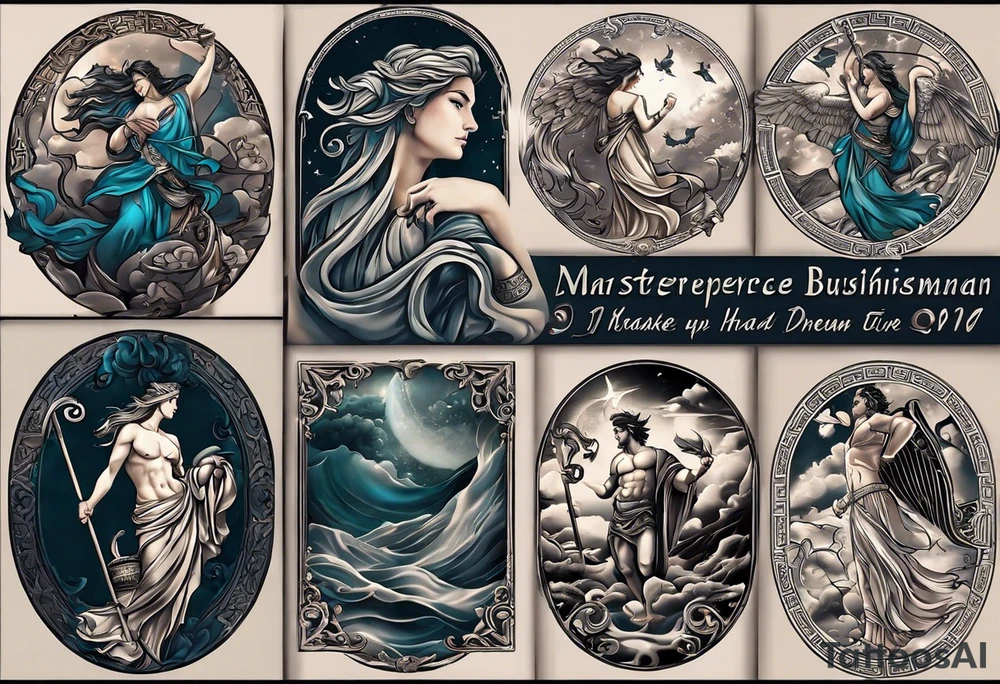 Im a businessman and I had a very long and hard time, chasing my dreams, not giving up, hard work, dedication, focus, heart broken, recovered, pushing hard, got broke and gained again. I like greek gods and I want a full sleeve tattoo exactly telling me the story of my life tattoo idea