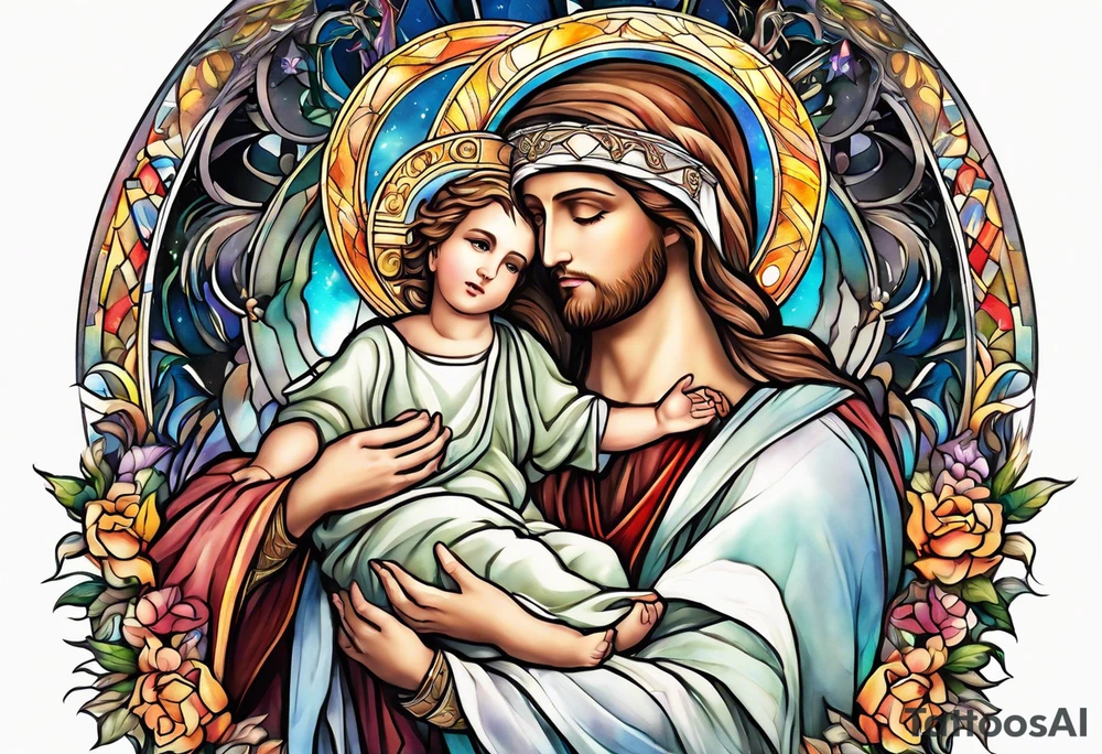 God holding Jesus while angles look at Jesus with such grace tattoo idea