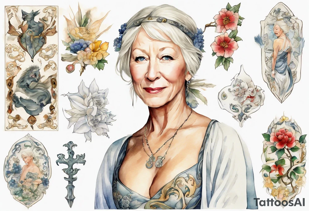 medieval Helen Mirren dressed in white tattoo idea