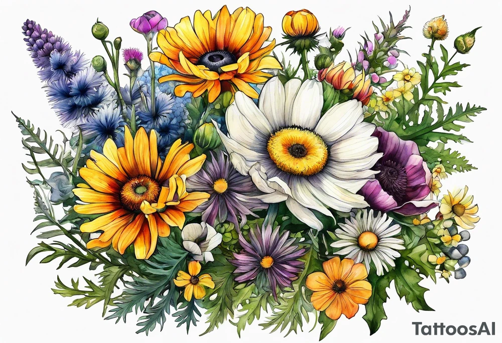 wildflowers with thistles, ferns, ranuculus, white anemones with black center, sun flowers, mixed color flowers all in watercolor tattoo idea