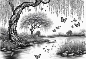 Skinny Weeping willow tree with butterflies tattoo idea