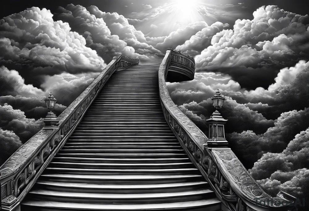Staircase that leads through the clouds to heaven and ends at the gates of heaven. At the end there is a bright light tattoo idea