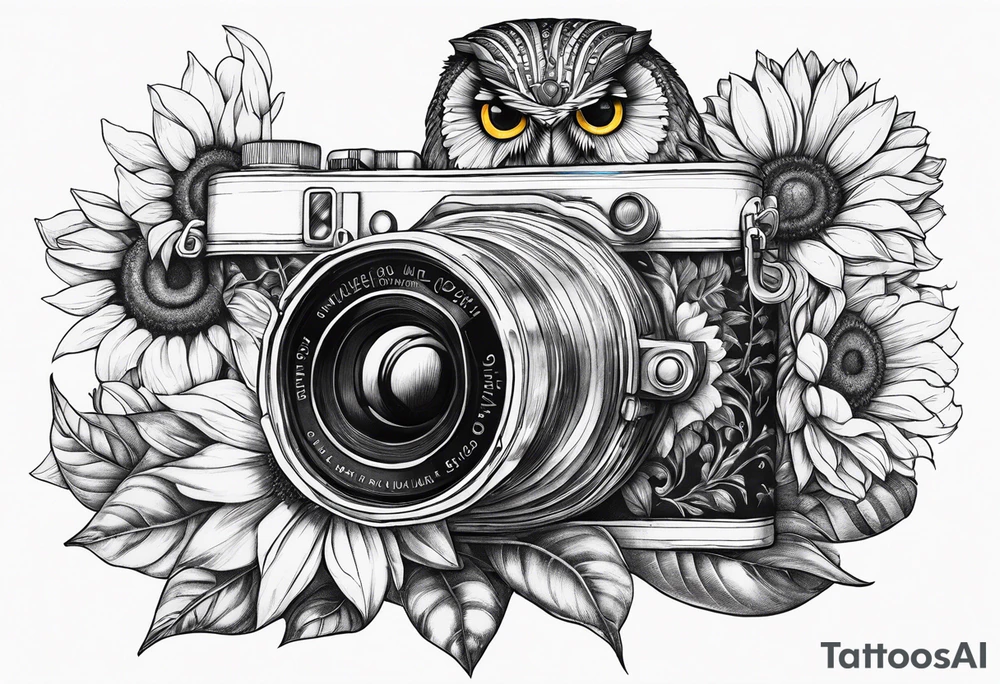 Sunflower, camera, book, owl tattoo idea