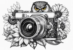 Sunflower, camera, book, owl tattoo idea