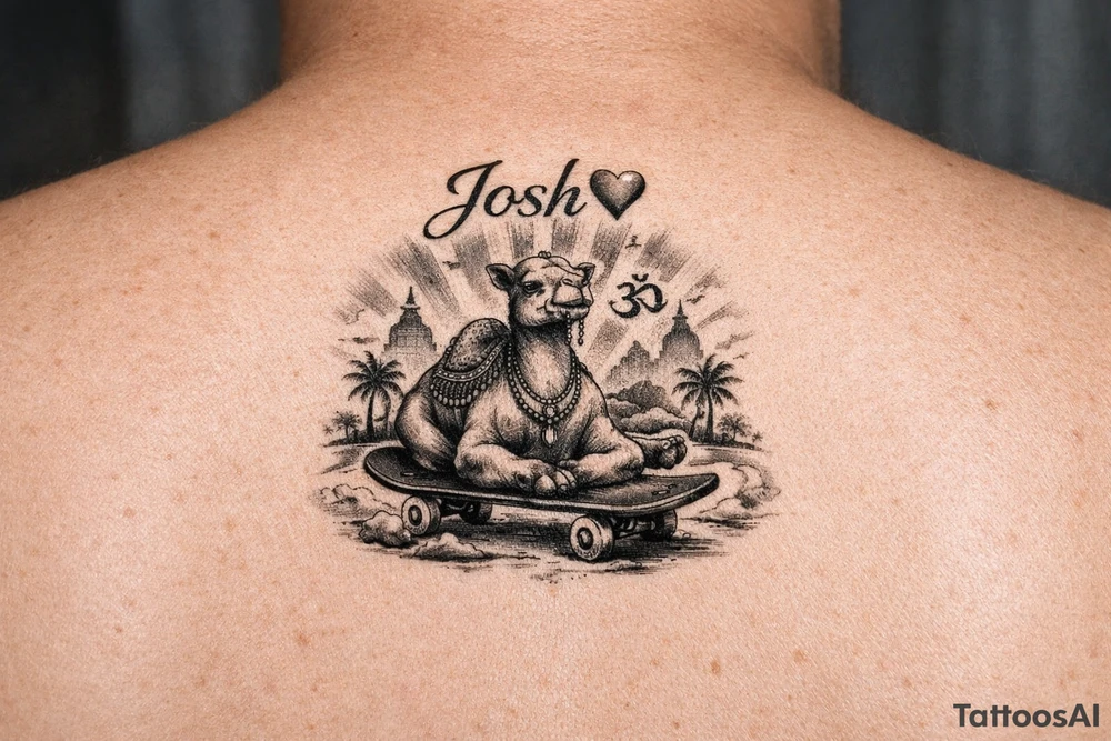 The name, Josh🩵, a Hindu camel skateboarding calmness tattoo idea