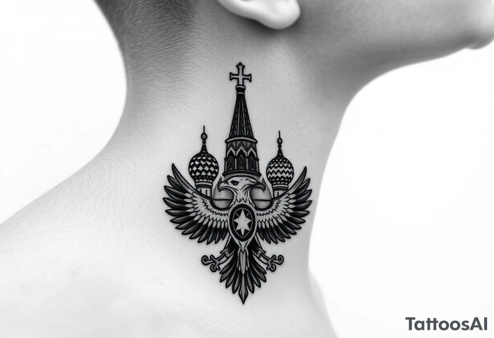 St. George 
3 russian imperial crowns above the Russian coat of arms double eagle
Russian sabre
The Kremlin or St. Basil's Cathedral scene 
on the side of my neck tattoo idea