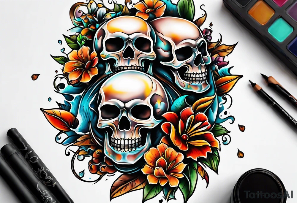 Old school center Knee tattoo with skulls, flowers, water shapes and fall colors tattoo idea