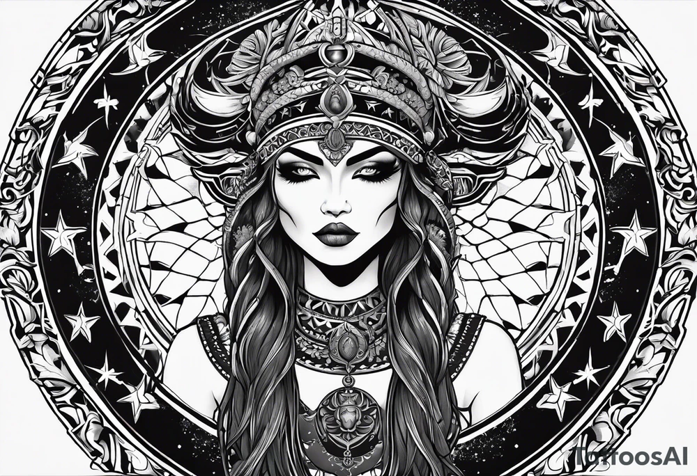 black kali, goddess pirate, alien, pachamama, valkrye, warrior, skull, lotus azul, wing, eagle, zenza resonance, stars, 5D tattoo idea