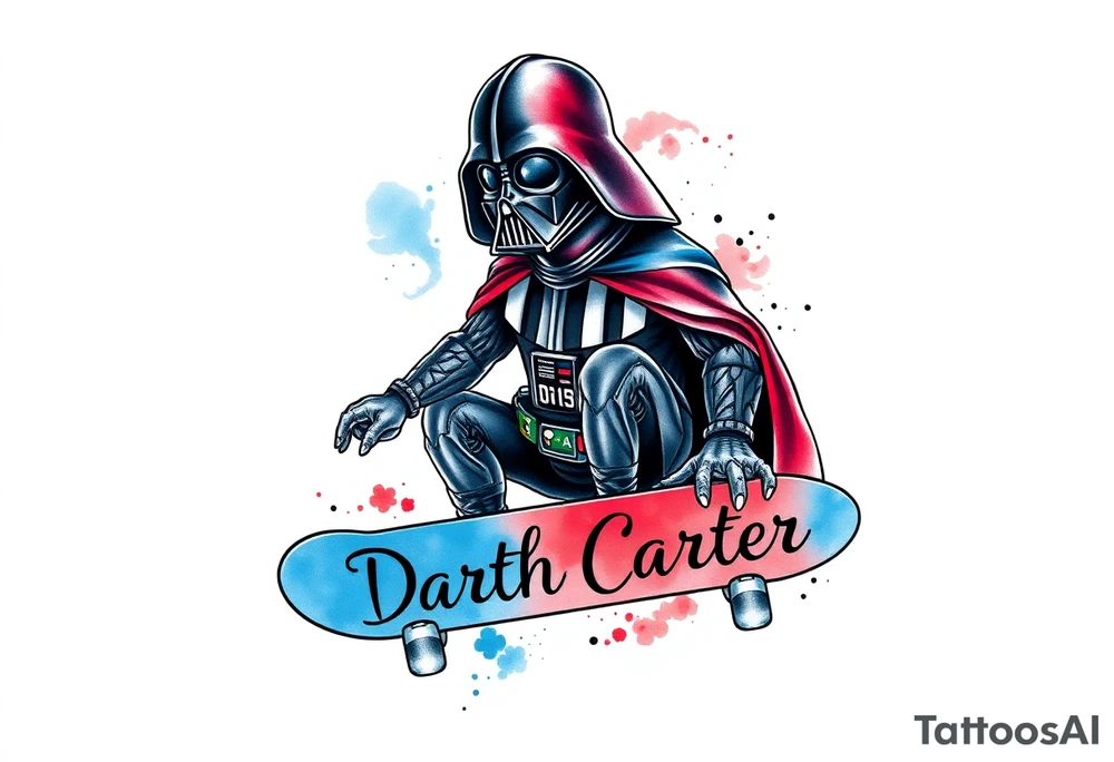Darth Vader skateboarding >
blue & red
skateboard say "Darth Carter"
12/29/88-01/06/24 tattoo idea