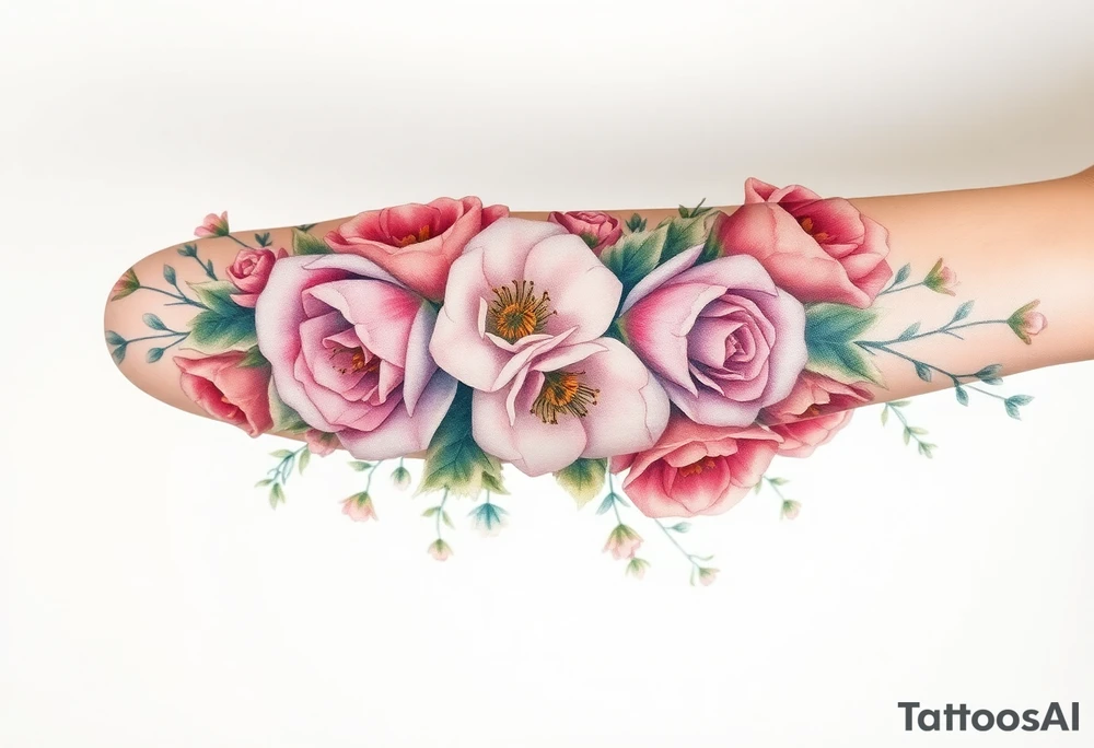 vintage bouquet of wild roses and meadow flowers with morning dew tattoo idea