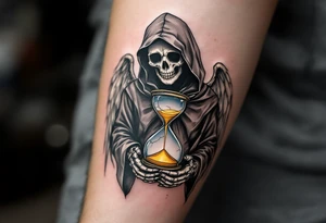 A skeletal angel in a hooded robe, holding a cracked hourglass with golden sand slipping through its bony fingers. tattoo idea