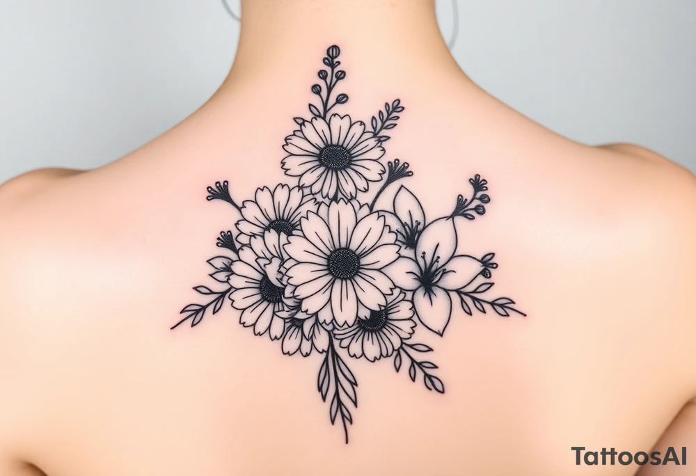 Honeysuckle, marigold, chrysanthemum, and violet bouquet tattoo idea