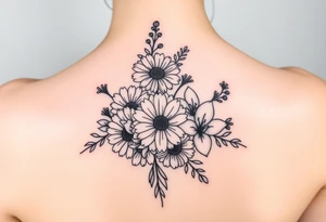 Honeysuckle, marigold, chrysanthemum, and violet bouquet tattoo idea