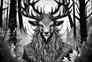 A spooky dead lore accurate wendigo surrounded by a forest fire in background tattoo idea