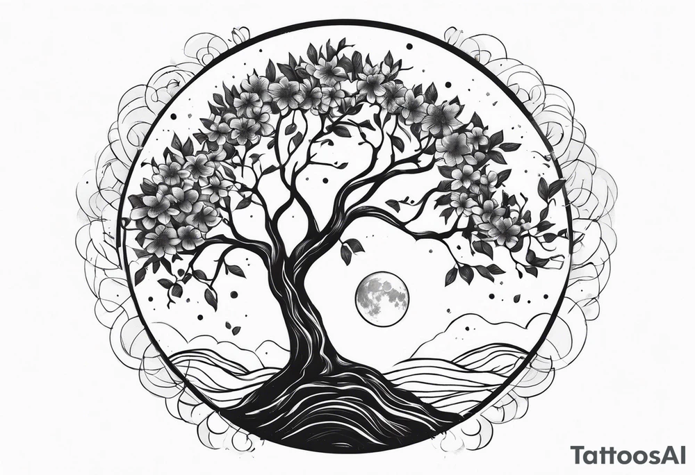 Tree with flowers , the moon , symbols of strength and power tattoo idea