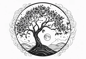 Tree with flowers , the moon , symbols of strength and power tattoo idea