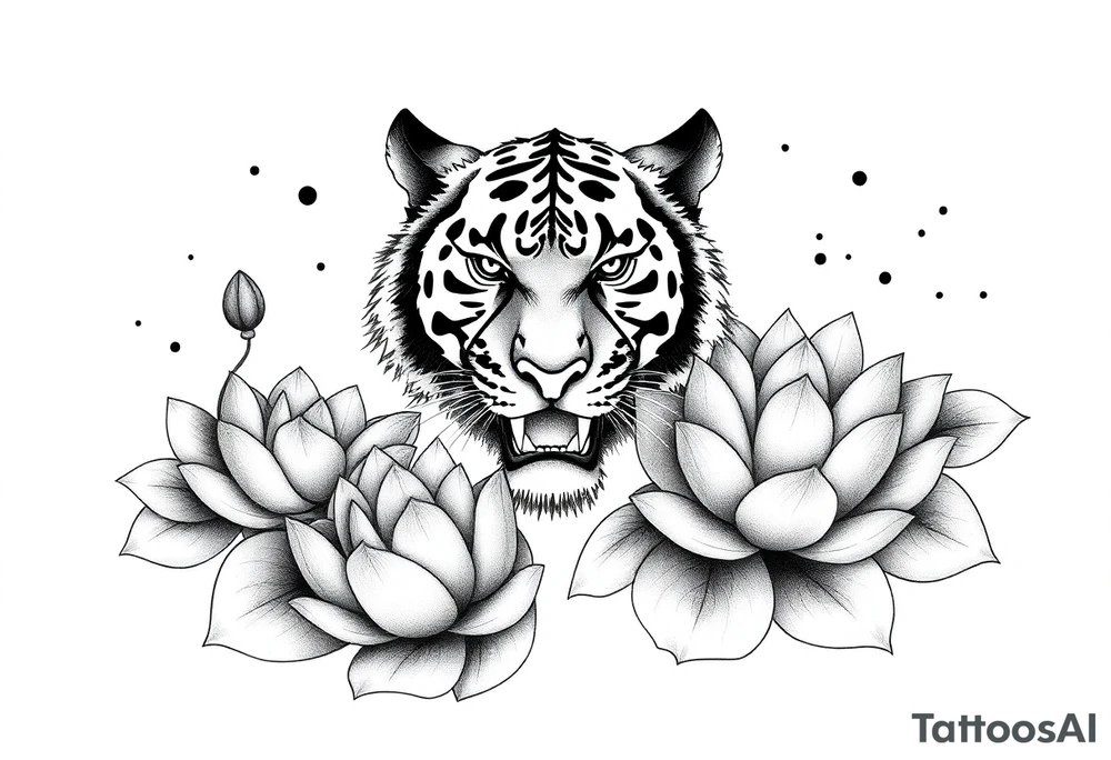 fierce tiger emerging through blooming lotus flowers in mist tattoo idea