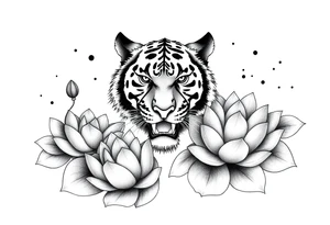 fierce tiger emerging through blooming lotus flowers in mist tattoo idea