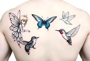 A blonde and pink haired fairy, a blue butterfly, a hummingbird, and a flying squirrel tattoo idea