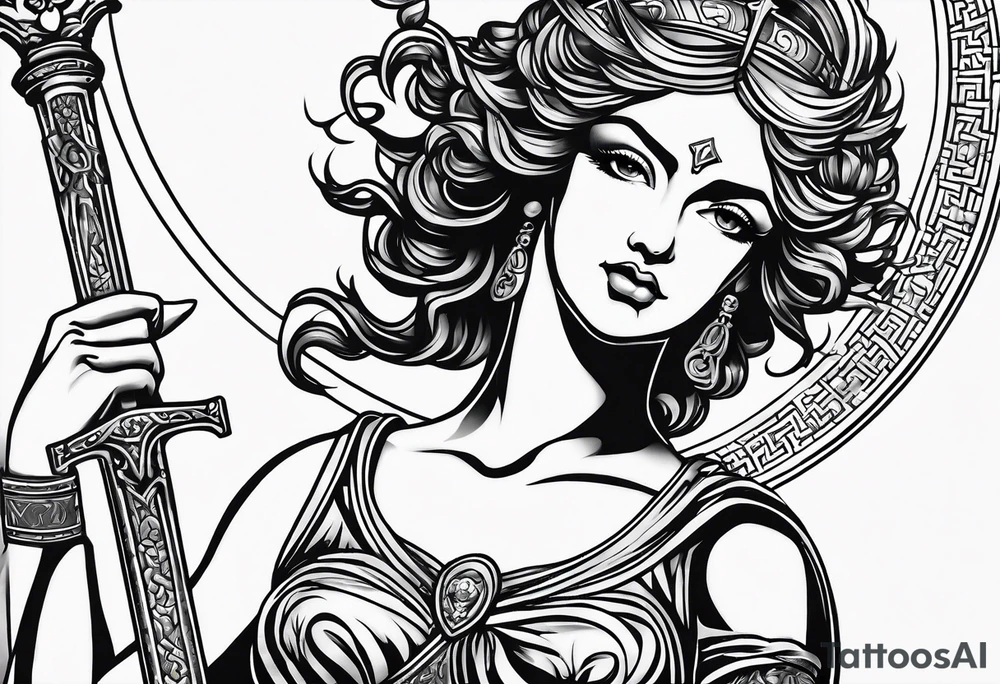 "I would like to depict Themis (Greek Goddess of Justice) cutting her own eyes with her sword." tattoo idea