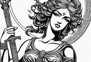 "I would like to depict Themis (Greek Goddess of Justice) cutting her own eyes with her sword." tattoo idea