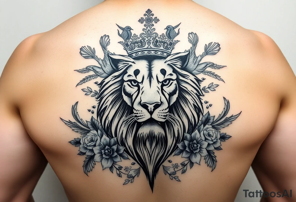 powerful majestic lion with a crown, surrounded by floral ornaments and birds tattoo idea