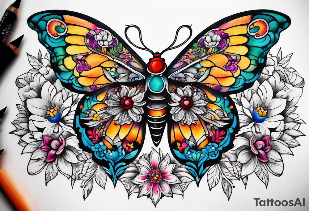 ornaments of flowers and moth with crystals 
chest piece tattoo idea