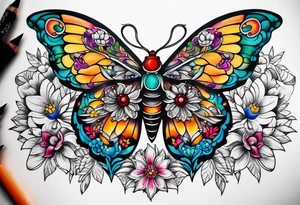 ornaments of flowers and moth with crystals 
chest piece tattoo idea