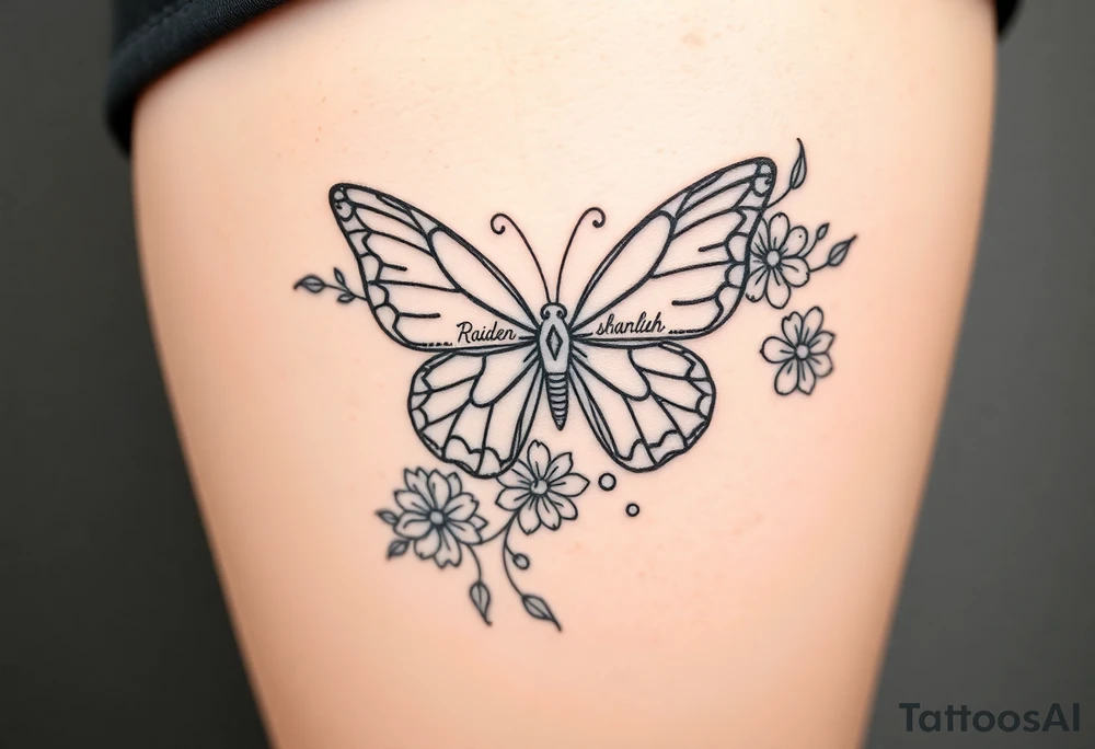 beautiful butterfly with flowers and lines around it also having the names Raiden, Shanleigh, and Waylon in it and the artwork being line work tattoo idea