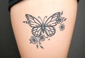 beautiful butterfly with flowers and lines around it also having the names Raiden, Shanleigh, and Waylon in it and the artwork being line work tattoo idea