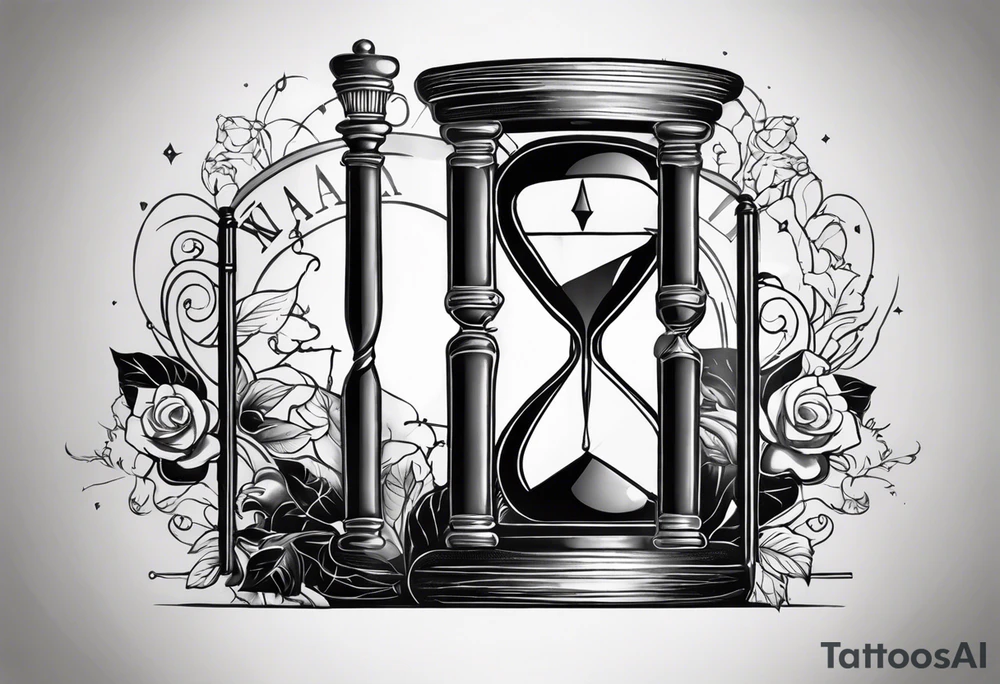 a tattoo mixing a clock integrated with an hourglass an hourglass in black and white where the year 1979 appears. on the amount of the hourglass tattoo idea