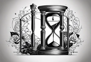 a tattoo mixing a clock integrated with an hourglass an hourglass in black and white where the year 1979 appears. on the amount of the hourglass tattoo idea