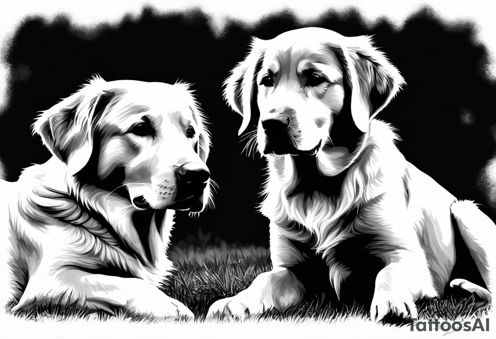 I want two dogs next to each other. One is a dark colored golden retriever and the other is a yellow lab. tattoo idea