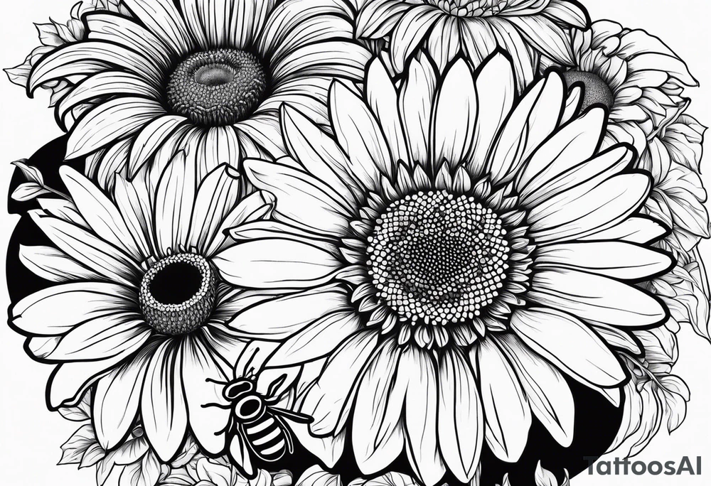 fine line drawing of gerber daisy hawaiian flowers and sunflowers with a bee and a lady bug tattoo idea