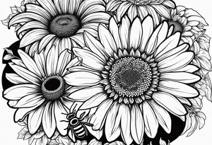 fine line drawing of gerber daisy hawaiian flowers and sunflowers with a bee and a lady bug tattoo idea