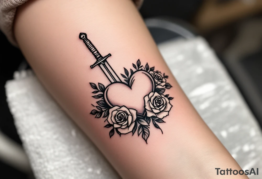 dagger piercing a heart with roses tattoo idea