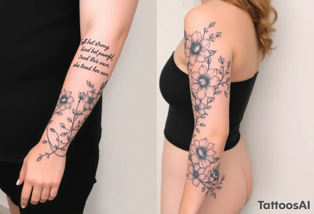 🌿


They are all connected 
 Right Arm Sleeve
	•	Top shoulder: “Soft but strong, kind but powerful.”
→ Wrapped with light olive vines
	•	Mid-arm: Peonies, lilies, tulips (your favorites)
→ Optional red ink in petal accents
	•	Lower arm/wrist: Vine wrap
→ Script: “Trust God”
	•	Style: Light, flowing, fine-line — NOT bold or filled-in

⸻

🌸 Spine Tattoo & Flow
	•	Already present floral spine tattoo
	•	New elements will connect from your sleeve, flow down from the right shoulder, lightly wrapping into your back
	•	Inspired by the reference with floral script diagonally across the spine
	•	Optional soft red ink details to enhance movement

⸻

🍑 Left Thigh + Butt
	•	Quote: “A garden of her own”
→ Placed on side of butt, flowing from lower back
	•	Floral extension down the thigh — tulips/peonies
	•	Minimal, romantic, fine-line

⸻ tattoo idea