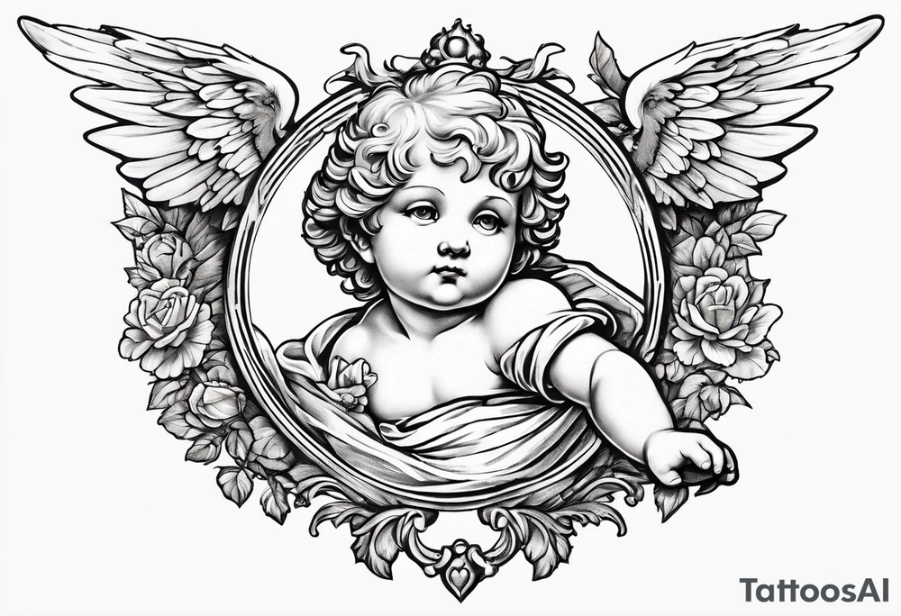 renaissance style cherub flying with teddy bear tattoo idea