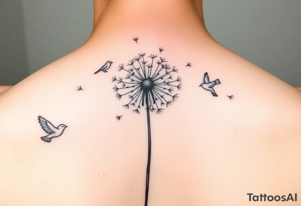 Dandelion tattoo representing motherhood, blowing in the wind giving myself to the next generation. Five birds for my children and two white birds for the children I lost. Whimsical and fine line. More artistic and soft. Still not right. Try again tattoo idea