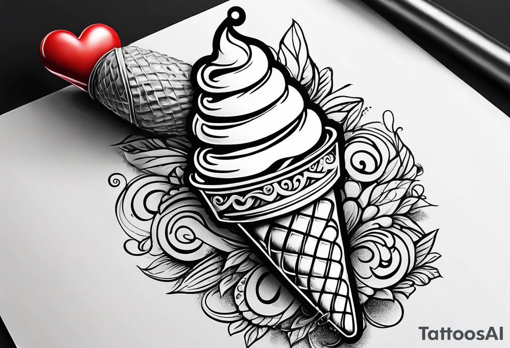 ice cream cone with one round scoop of ice cream and a red heart tattoo idea