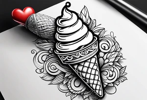 ice cream cone with one round scoop of ice cream and a red heart tattoo idea