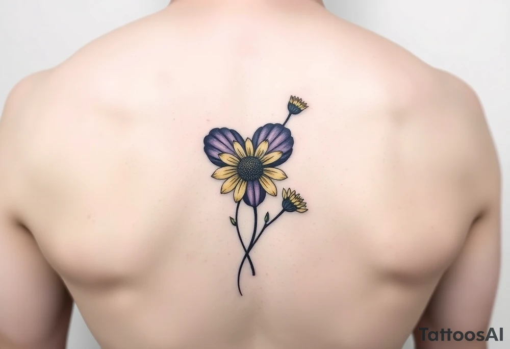 Small Purple Heart & yellow Daisy flower tattoo idea