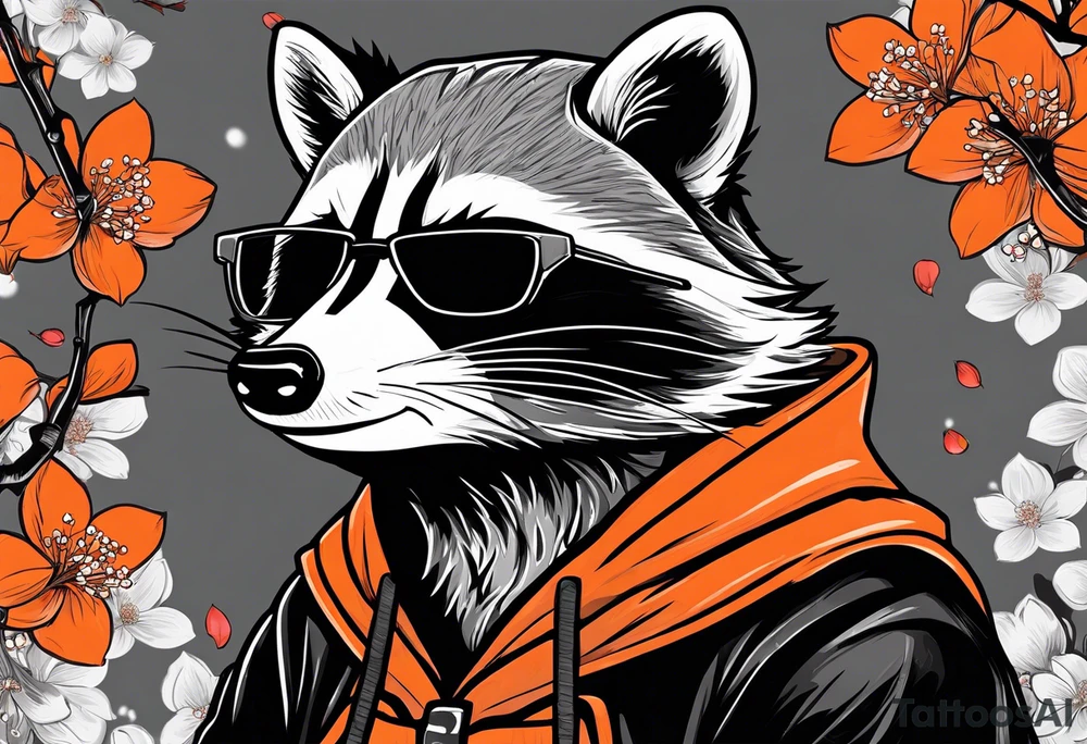 Raccoon wearing a white Superman logo on a black hoodie and orange Japanese cherry blossoms beside tattoo idea
