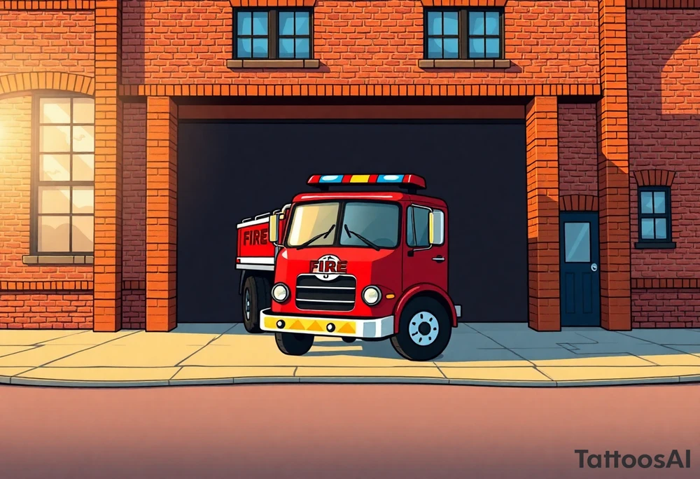 A fire station with an old-school red fire truck parked in front, with warm brick textures and golden sunlight casting long shadows. tattoo idea