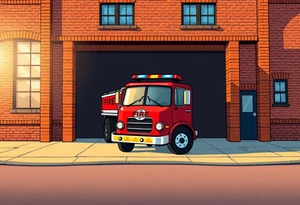 A fire station with an old-school red fire truck parked in front, with warm brick textures and golden sunlight casting long shadows. tattoo idea